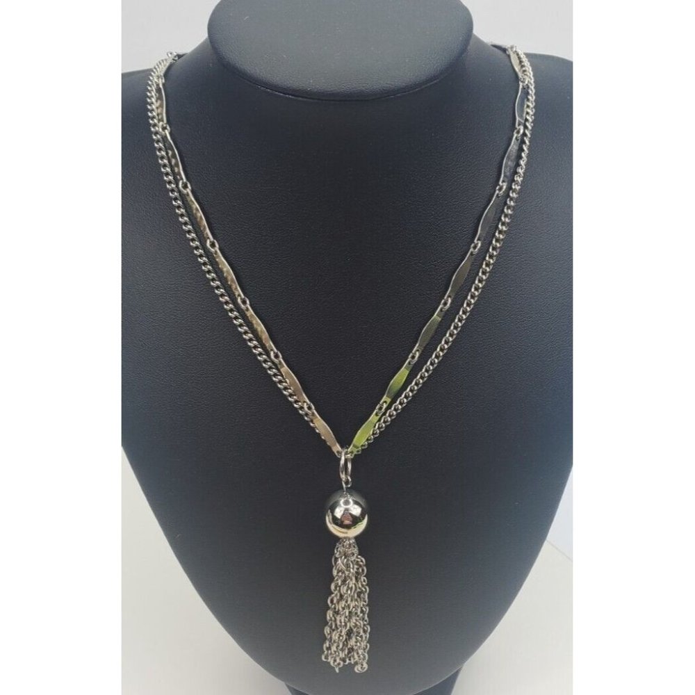 Vtg  Silver Tone Multi-Chain Necklace Retro Ball Pendant Tassel  21" Chain